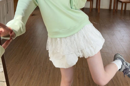 High-Waisted Mini Skirt & Cold Shoulder Lace Sweatshirt Set