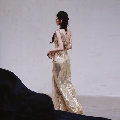 Sleeveless Cowl Neck Metallic Sequin Slit Sheath Evening Dress