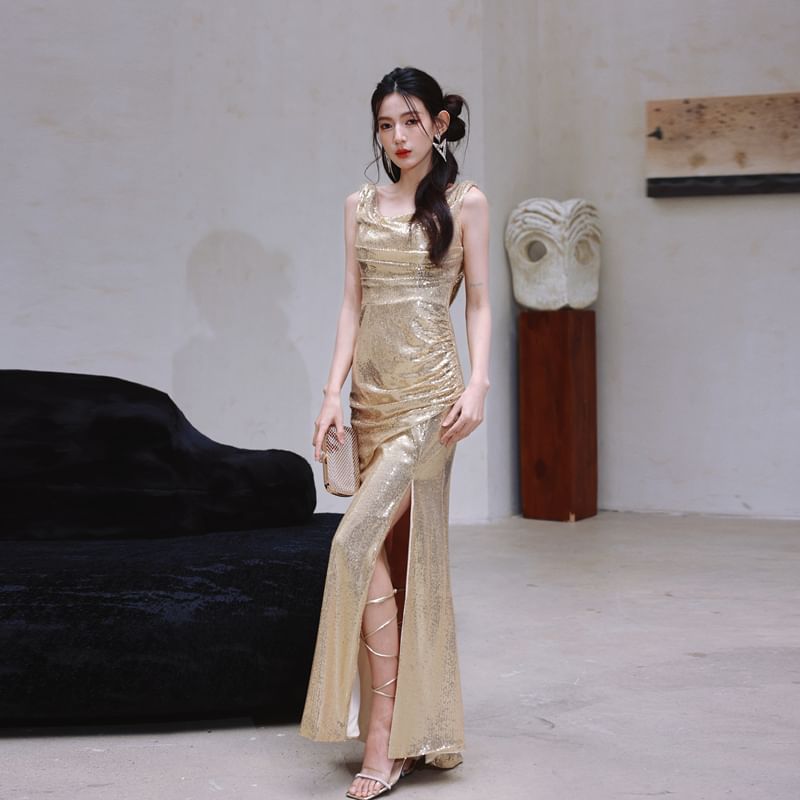 Sleeveless Cowl Neck Metallic Sequin Slit Sheath Evening Dress