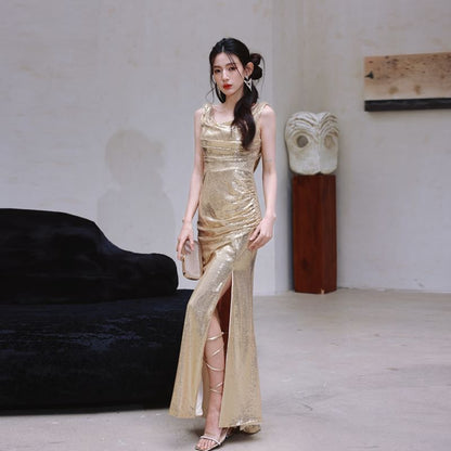 Sleeveless Cowl Neck Metallic Sequin Slit Sheath Evening Dress