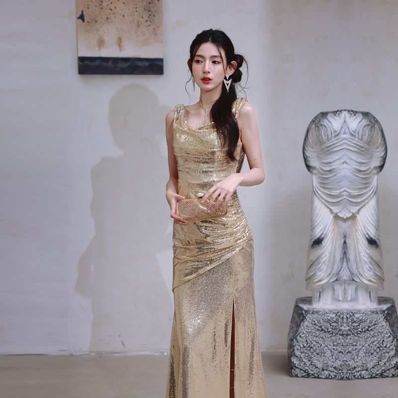 Sleeveless Cowl Neck Metallic Sequin Slit Sheath Evening Dress