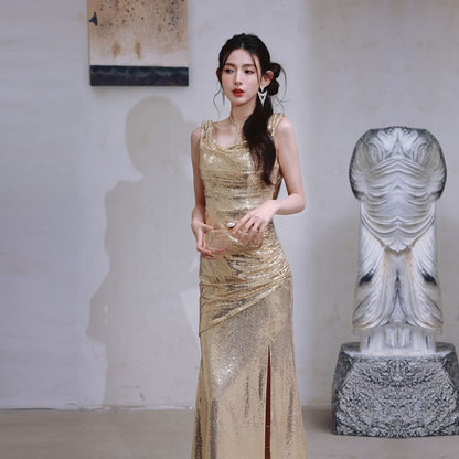 Sleeveless Cowl Neck Metallic Sequin Slit Sheath Evening Dress