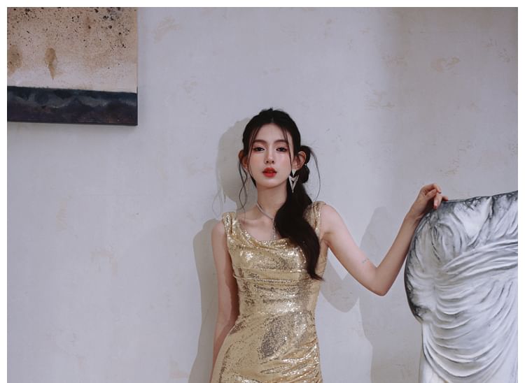 Sleeveless Cowl Neck Metallic Sequin Slit Sheath Evening Dress