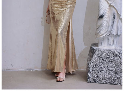 Sleeveless Cowl Neck Metallic Sequin Slit Sheath Evening Dress