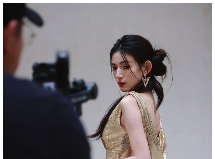 Sleeveless Cowl Neck Metallic Sequin Slit Sheath Evening Dress