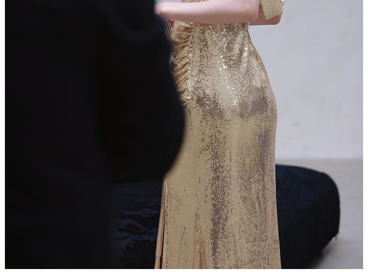 Sleeveless Cowl Neck Metallic Sequin Slit Sheath Evening Dress