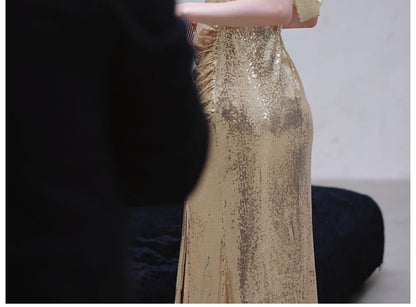 Sleeveless Cowl Neck Metallic Sequin Slit Sheath Evening Dress