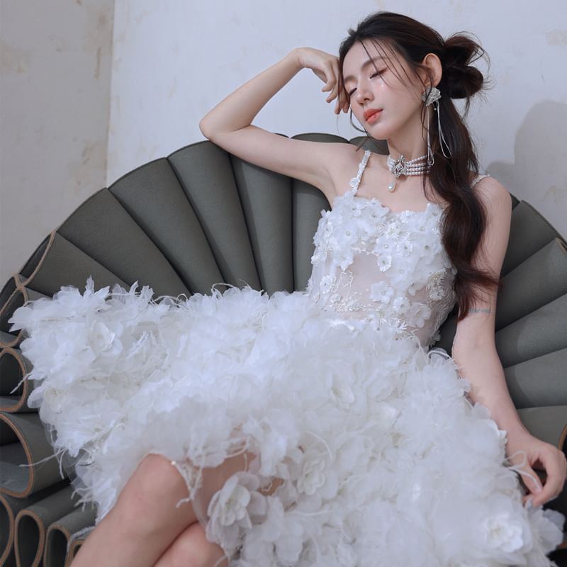 Spaghetti Strap Plain Floral Applique Mesh Mini A-Line Cocktail Dress