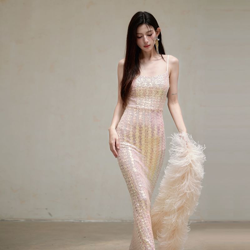 Spaghetti Strap Sequin Sheath Evening Gown