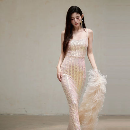 Spaghetti Strap Sequin Sheath Evening Gown