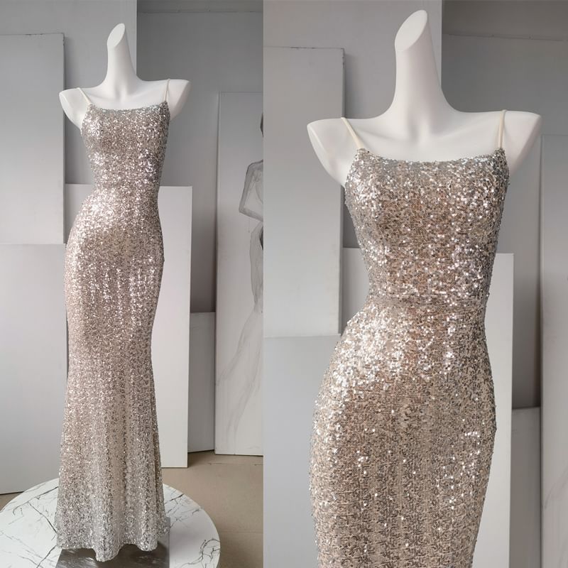 Spaghetti Strap Sequin Sheath Evening Gown