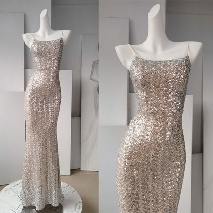Spaghetti Strap Sequin Sheath Evening Gown