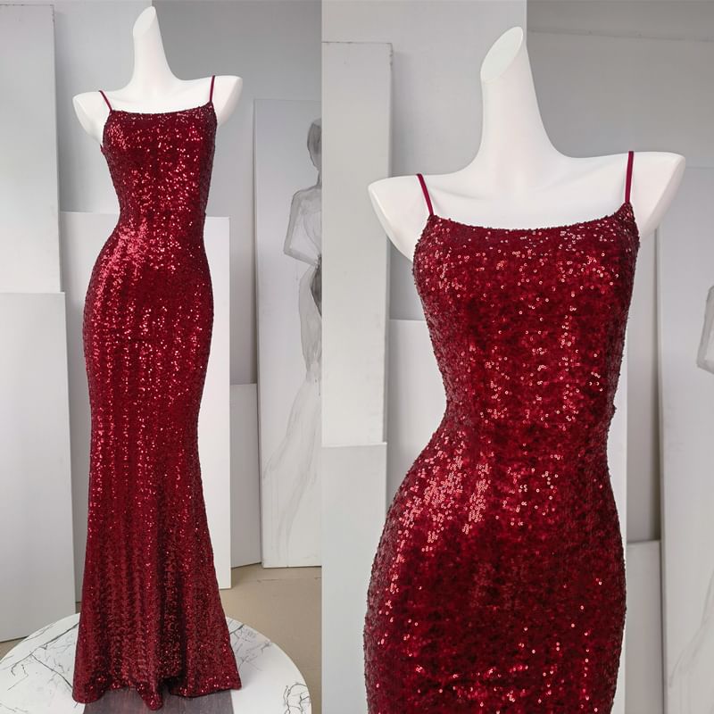 Spaghetti Strap Sequin Sheath Evening Gown