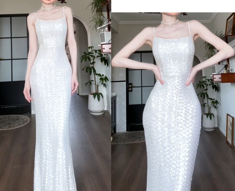 Spaghetti Strap Sequin Sheath Evening Gown