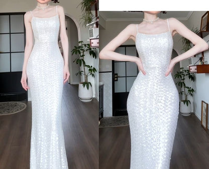 Spaghetti Strap Sequin Sheath Evening Gown
