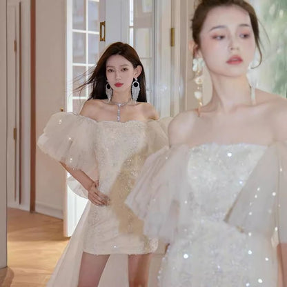 Off-Shoulder Sequin Bow Back Mini Sheath Cocktail Dress