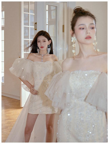 Off-Shoulder Sequin Bow Back Mini Sheath Cocktail Dress