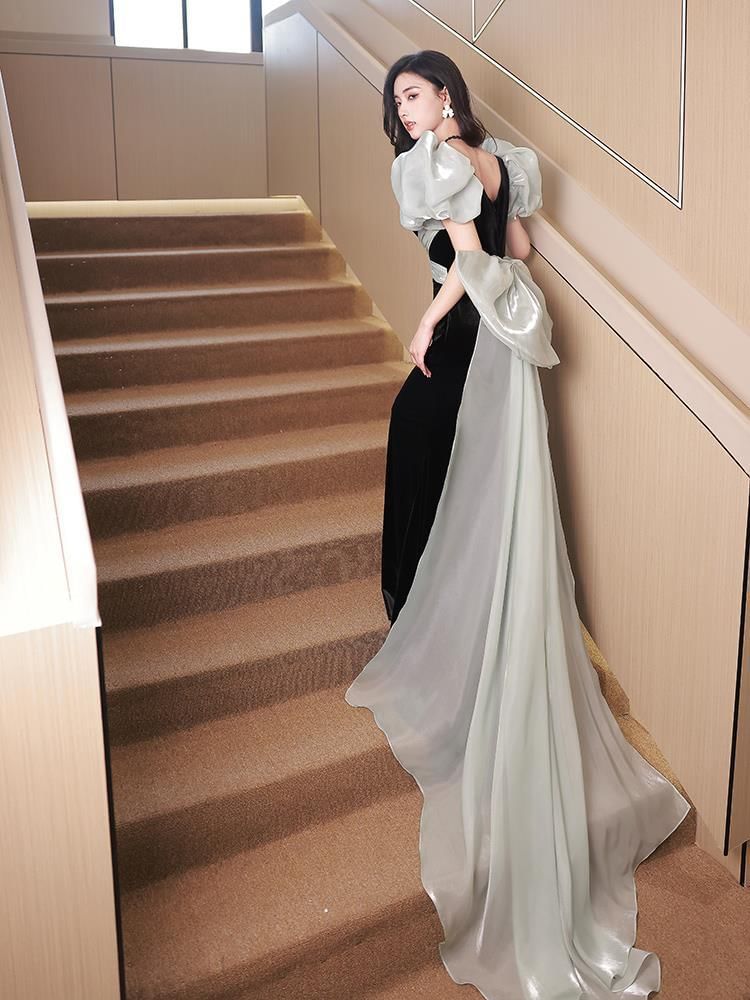 Puff-Sleeve Square Neck Two Tone Bow Back Sheath Evening Gown
