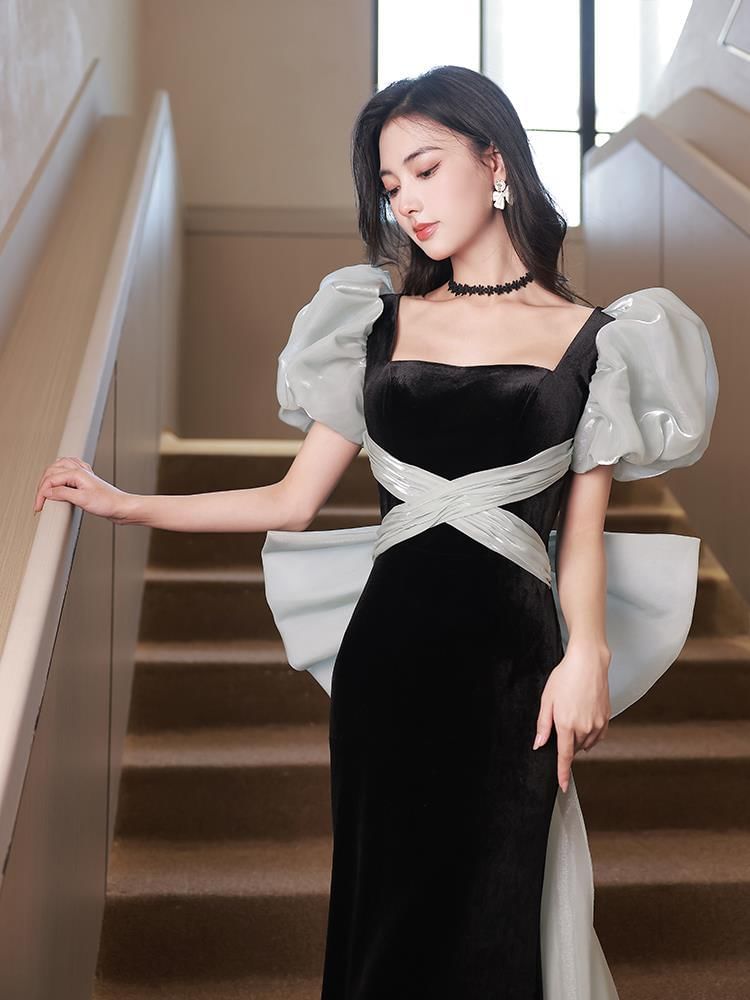 Puff-Sleeve Square Neck Two Tone Bow Back Sheath Evening Gown