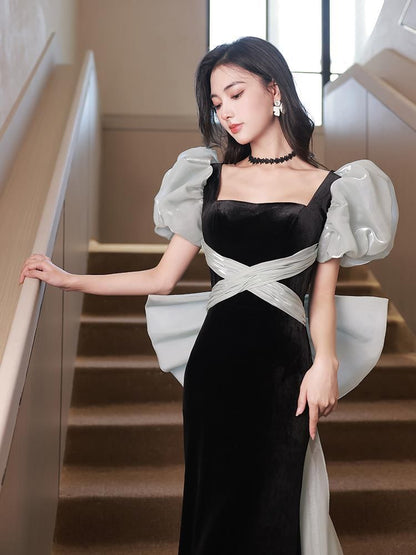 Puff-Sleeve Square Neck Two Tone Bow Back Sheath Evening Gown