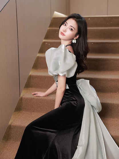 Puff-Sleeve Square Neck Two Tone Bow Back Sheath Evening Gown