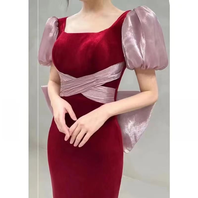 Tone Gown Back Square Sheath Evening Bow Puff-Sleeve Two Neck