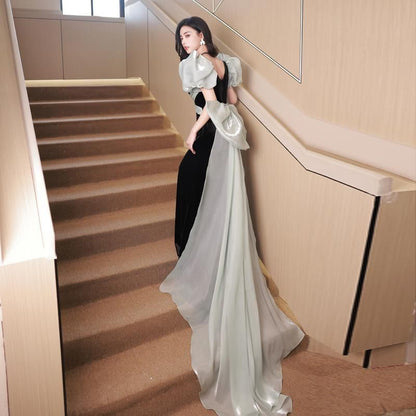 Puff-Sleeve Square Neck Two Tone Bow Back Sheath Evening Gown