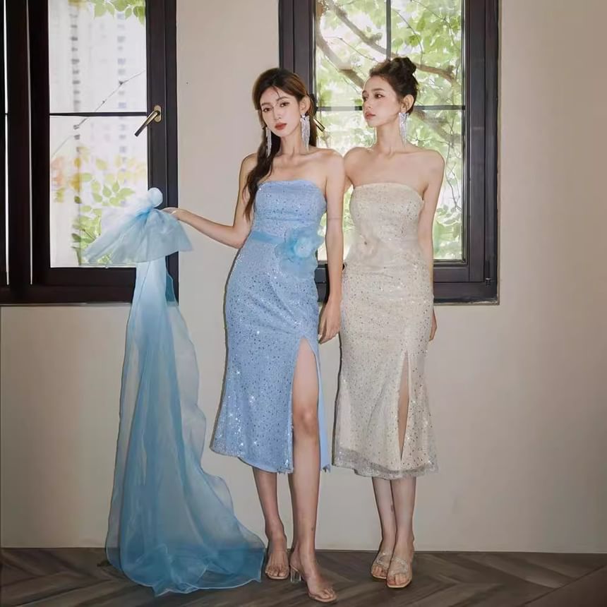 Strapless Flower Accent Sequin Slit Bow Back Midi Sheath Evening Dress