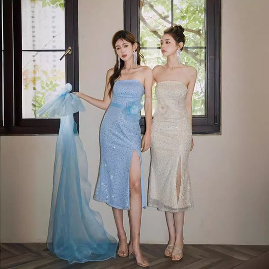 Strapless Flower Accent Sequin Slit Bow Back Midi Sheath Evening Dress