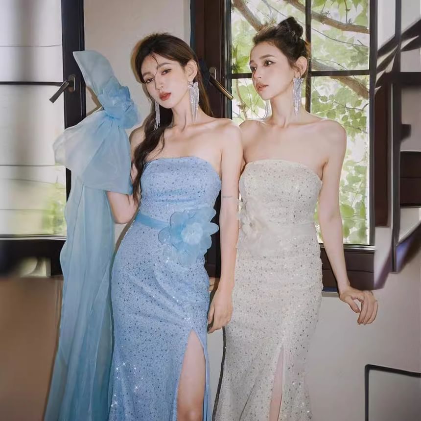 Strapless Flower Accent Sequin Slit Bow Back Midi Sheath Evening Dress