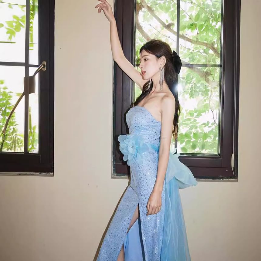 Strapless Flower Accent Sequin Slit Bow Back Midi Sheath Evening Dress