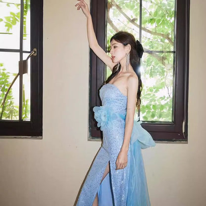 Strapless Flower Accent Sequin Slit Bow Back Midi Sheath Evening Dress