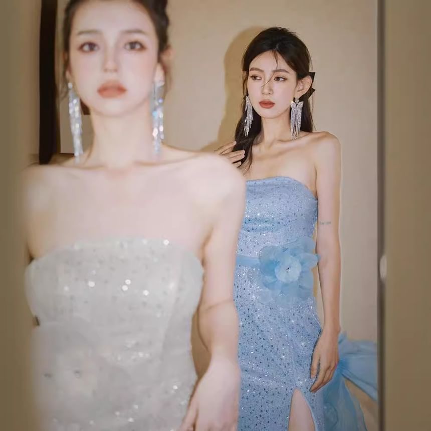 Strapless Flower Accent Sequin Slit Bow Back Midi Sheath Evening Dress