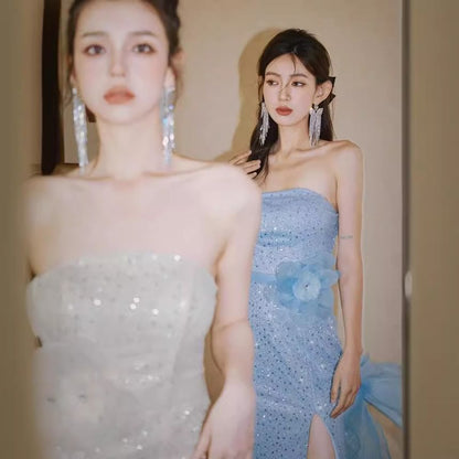 Strapless Flower Accent Sequin Slit Bow Back Midi Sheath Evening Dress