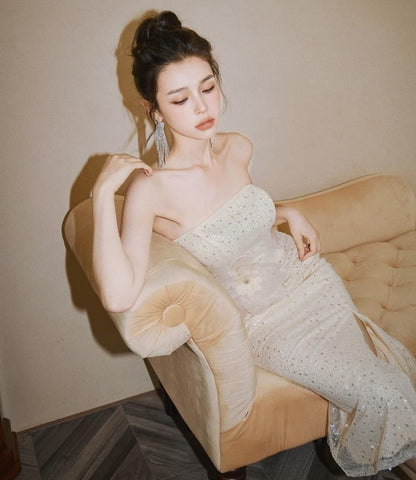 Strapless Flower Accent Sequin Slit Bow Back Midi Sheath Evening Dress