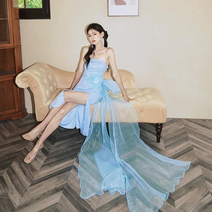 Strapless Flower Accent Sequin Slit Bow Back Midi Sheath Evening Dress