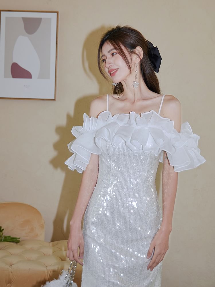 Spaghetti Strap Ruffle Trim Sequin Sheath Evening Gown