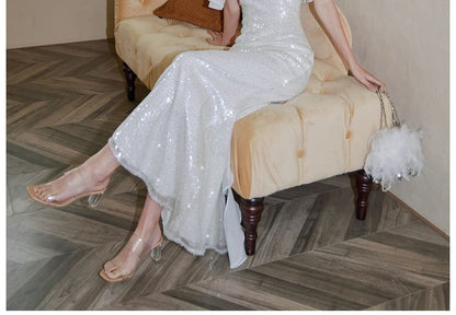 Spaghetti Strap Ruffle Trim Sequin Sheath Evening Gown