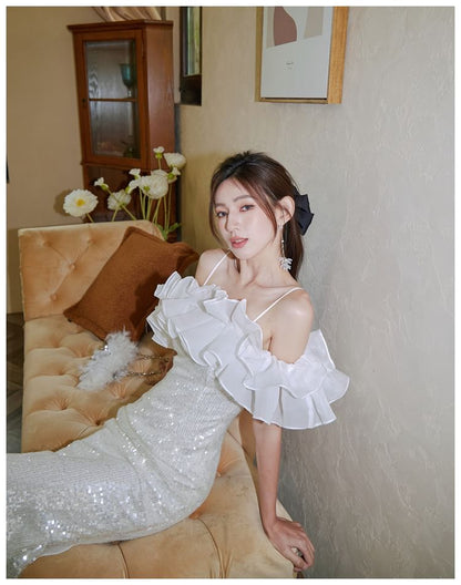 Gown Trim Sequin Ruffle Strap Sheath Evening Spaghetti