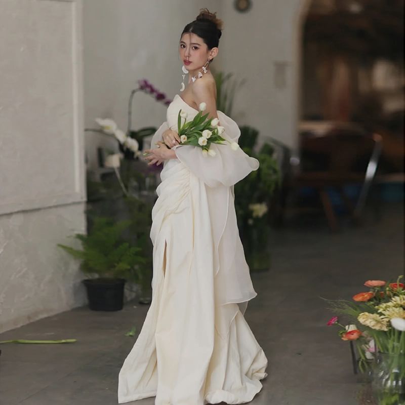 Off-Shoulder Plain Slit A-Line Evening Gown