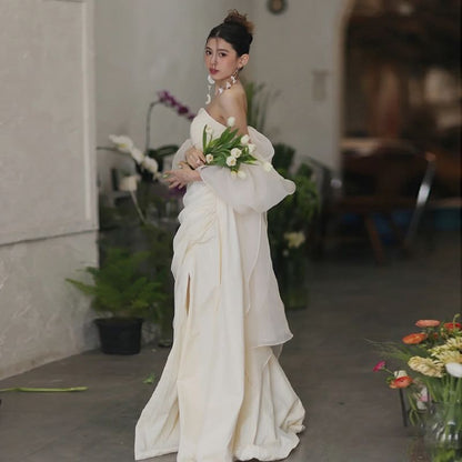 Off-Shoulder Plain Slit A-Line Evening Gown