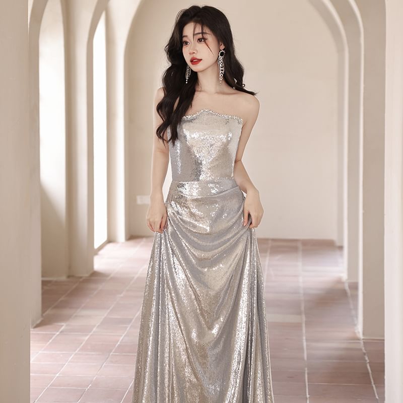 Off-Shoulder Sequin Bow Back A-Line Evening Gown