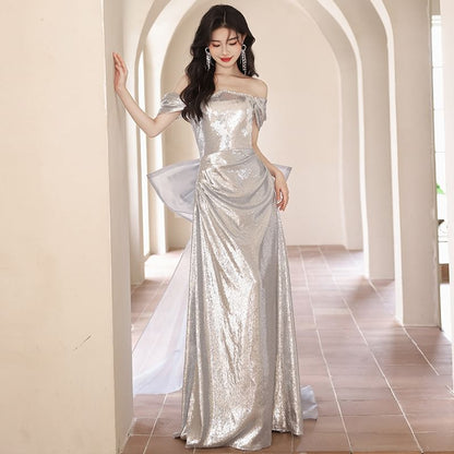 Off-Shoulder Sequin Bow Back A-Line Evening Gown