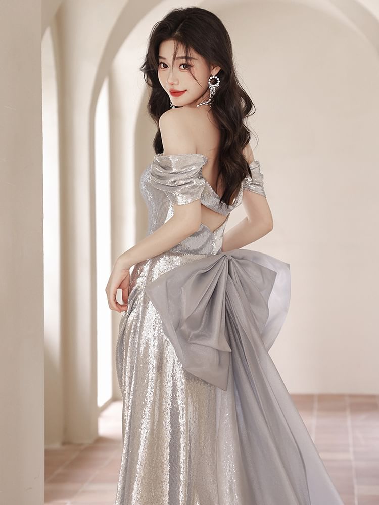 Off-Shoulder Sequin Bow Back A-Line Evening Gown