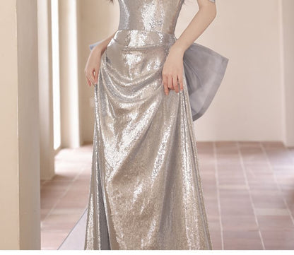 Off-Shoulder Sequin Bow Back A-Line Evening Gown
