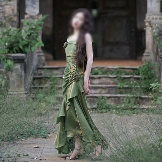 Spaghetti Strap Plain Flower Accent Asymmetrical Ruffle Trim Maxi Sheath Evening Dress