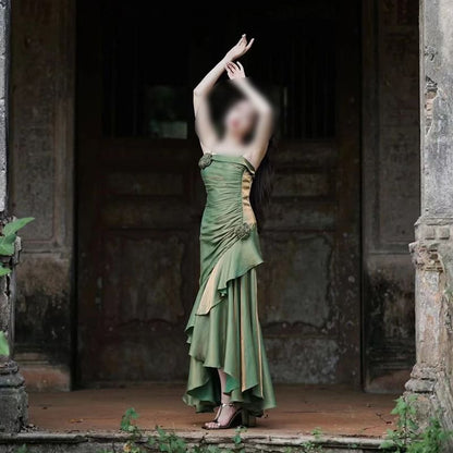 Spaghetti Strap Plain Flower Accent Asymmetrical Ruffle Trim Maxi Sheath Evening Dress