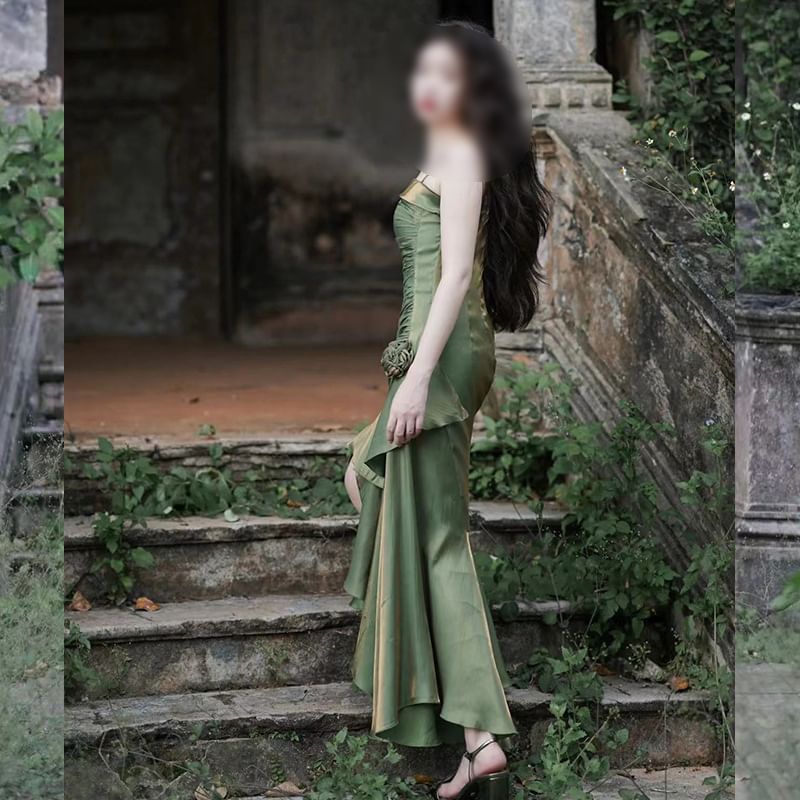 Spaghetti Strap Plain Flower Accent Asymmetrical Ruffle Trim Maxi Sheath Evening Dress