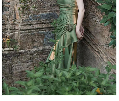 Spaghetti Strap Plain Flower Accent Asymmetrical Ruffle Trim Maxi Sheath Evening Dress