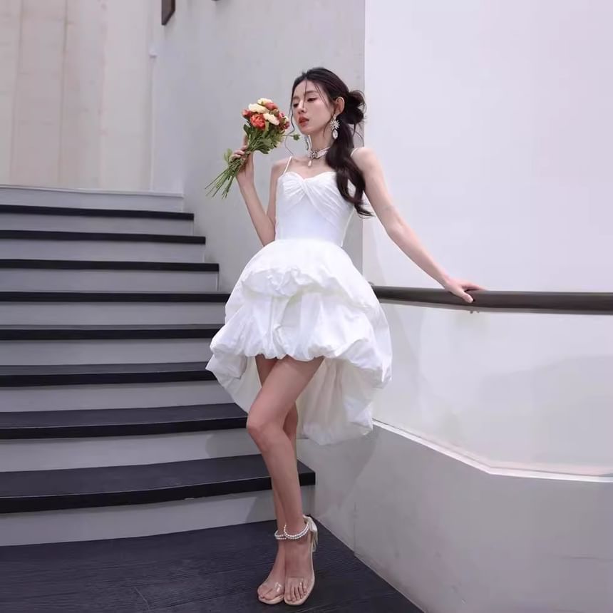 Spaghetti Strap Plain Bubble Hem High Low A-Line Short Wedding Dress